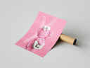 KAWS figure holding a plush toy on a bubblegum pink backdrop — playful XX triptych wall art.