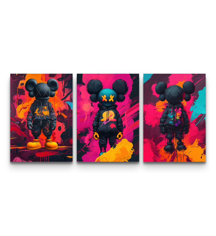 Three-panel KAWS set with black figures against neon pink, orange, and cyan graffiti backgrounds