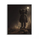 Framed Giant KAWS Companion figure looming over small human print displayed as a statement piece