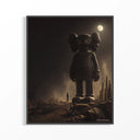 Framed Giant KAWS Companion figure looming over small human print displayed as a statement piece