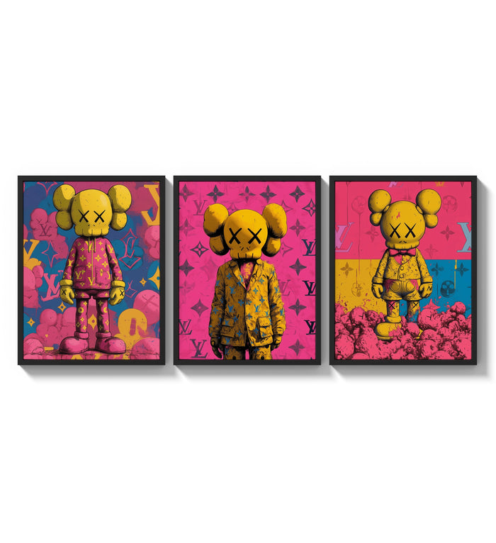 KAWS Companion figures triptych three-panel set arranged as a triptych on a bright gallery wall