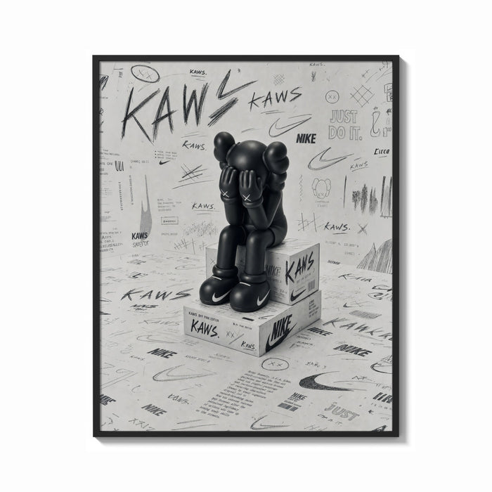Framed KAWS Companion figure sitting print shown as a bold statement piece on a clean gallery wall