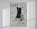 KAWS Companion figure sitting poster in a slim frame on a bright wall with soft window light