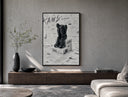 KAWS Companion figure sitting poster framed above a wood console in a concrete-wall living room