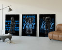 KAWS Companion figures triptych three-panel set displayed beside a brown leather sofa