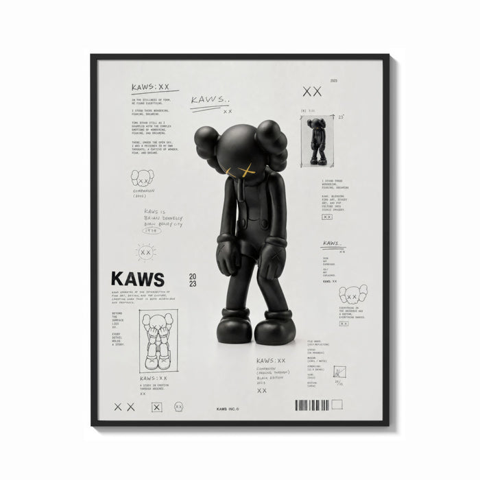 Framed KAWS Companion Passing Through figure print shown as a bold statement piece on a clean gallery wall