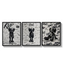 KAWS Companion figure three-panel set arranged as a triptych on a bright gallery wall