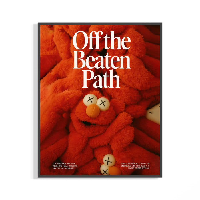 Red plush KAWS-style character poster with Off the Beaten Path typography inside a thin dark frame
