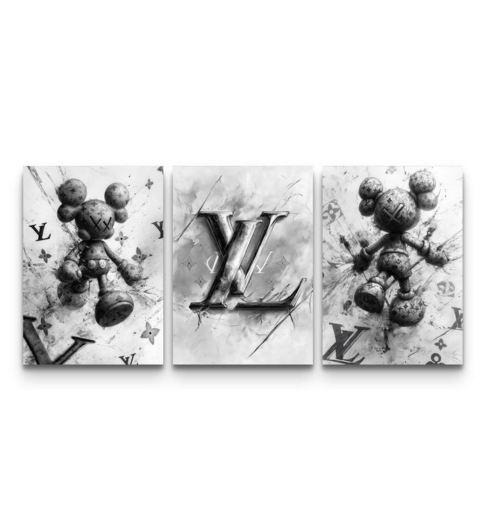Three-panel KAWS LV Monochrome Splash XX poster set with ink splatter and shattered Louis Vuitton logo in black and white