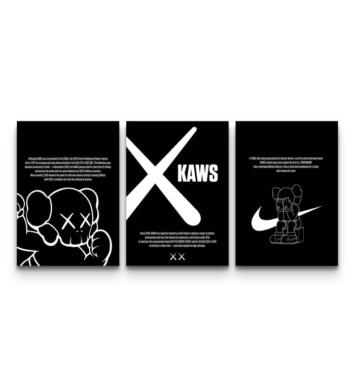 Three black and white KAWS Companion poster prints with editorial typography lined up side by side on a wall
