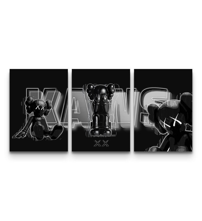 KAWS Monolith Shadow triptych poster set with three neon-outlined companions on a blackout backdrop