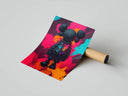 Black KAWS figure walking through dripping neon pink and cyan paint splashes in rolled poster mockup