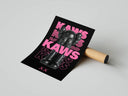 KAWS figure with hands over eyes against neon pink XX graphics in hypebeast wall art triptych.