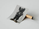 KAWS-style figure wearing Nike sneakers standing on clean grey background in rolled poster mockup