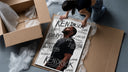 Man looking upward in profile framed print being unpacked from protective bubble wrap and a box