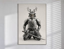 Skeletal samurai in metallic armor poster in a slim frame on a bright wall with soft window light