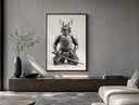 Skeletal samurai in metallic armor poster framed above a wood console in a concrete-wall living room