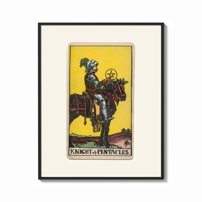 Framed Knight on horse holding pentacle print shown as a bold statement piece on a clean gallery wall