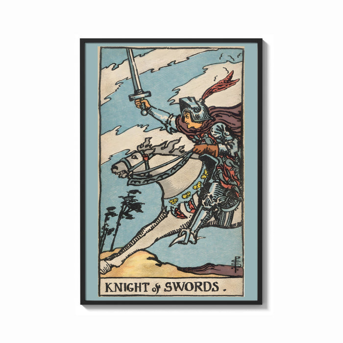 Framed Knight of Swords print shown as a bold statement piece on a clean gallery wall