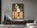 Lacoste vintage tennis poster framed above a wood console in a concrete-wall living room