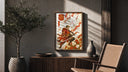 Soccer player samurai with katana poster framed above a fluted sideboard beside an olive tree