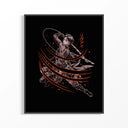 Framed Anime warrior swinging dual blades print displayed as a statement piece