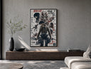 Attack on Titan characters and titans poster framed above a wood console in a concrete-wall living room