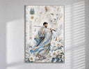Samurai soccer player with katana poster in a slim frame on a bright wall with soft window light