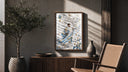 Samurai soccer player with katana poster framed above a fluted sideboard beside an olive tree