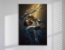 Soccer player lifting World Cup trophy poster in a slim frame on a bright wall with soft window light