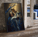 Soccer player lifting World Cup trophy print in a black frame leaning beside a vintage door on parquet