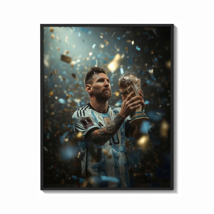 Framed Footballer kissing World Cup trophy print shown as a bold statement piece on a clean gallery wall