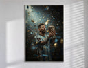 Footballer kissing World Cup trophy poster in a slim frame on a bright wall with soft window light