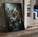 Footballer kissing World Cup trophy print in a black frame leaning beside a vintage door on parquet