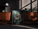 Black-framed Footballer kissing World Cup trophy print on a moody console with designer coffee-table books