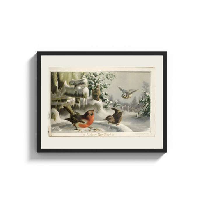 Framed Robin, wrens and tit in snow print shown as a wide statement piece on a clean white wall