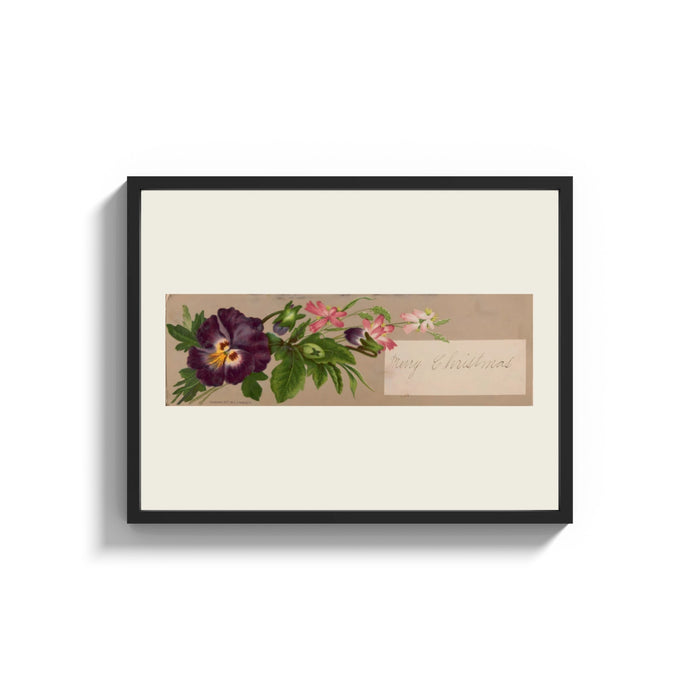 Framed Purple pansy and pink blossom bouquet print shown as a wide statement piece on a clean white wall