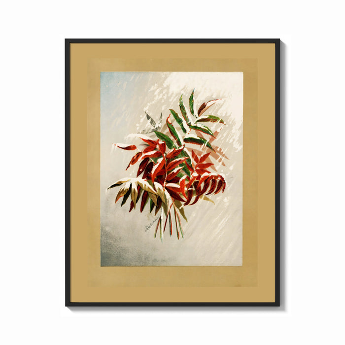 Framed Autumn-tinted leaves branch print shown as a bold statement piece on a clean gallery wall