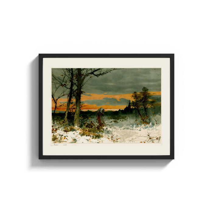 Framed Woman walking through snowy winter landscape print shown as a wide statement piece on a clean white wall