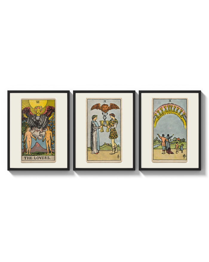 Three Rider-Waite tarot cards three-panel set arranged as a triptych on a bright gallery wall