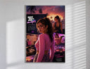 Woman in pink top fan art poster in a slim frame on a bright wall with soft window light