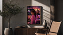 Woman in pink top fan art poster framed above a fluted sideboard beside an olive tree