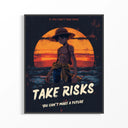 Framed Luffy Take Risks Sunset One Piece poster in black frame on minimalist white wall