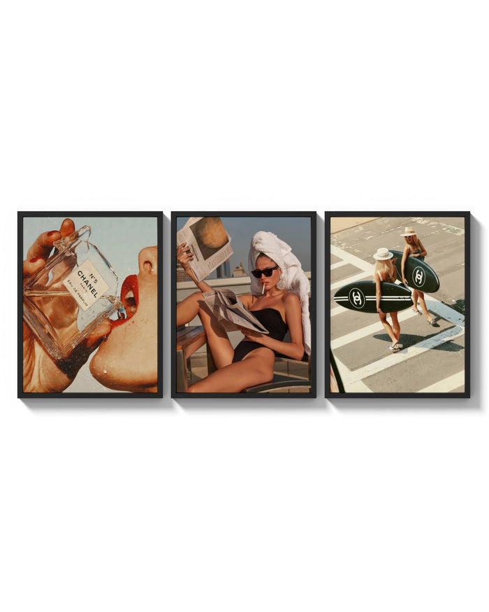 Luxury Lifestyle Trio Fashion Gallery Wall Art arranged on a bright gallery wall