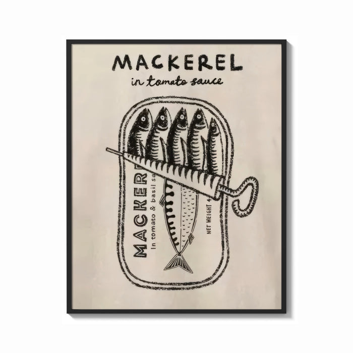 Framed Mackerel in Tomato Sauce print shown as a bold statement piece on a clean gallery wall