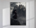 Long-haired warrior with armor on cliff poster in a slim frame on a bright wall with soft window light