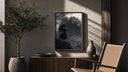 Long-haired warrior with armor on cliff poster framed above a fluted sideboard beside an olive tree