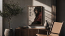 Anime warrior in red armor poster framed above a fluted sideboard beside an olive tree