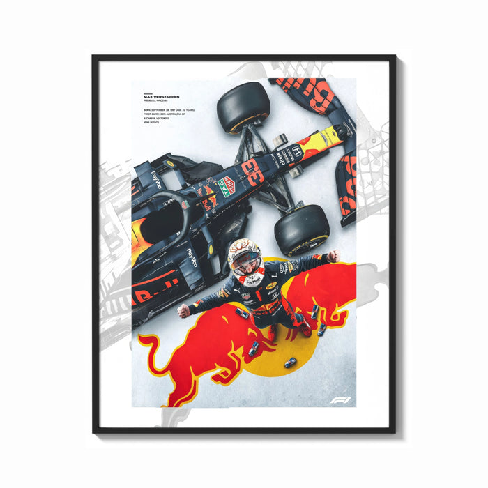 Framed F1 driver celebrating beside race car print shown as a bold statement piece on a clean gallery wall