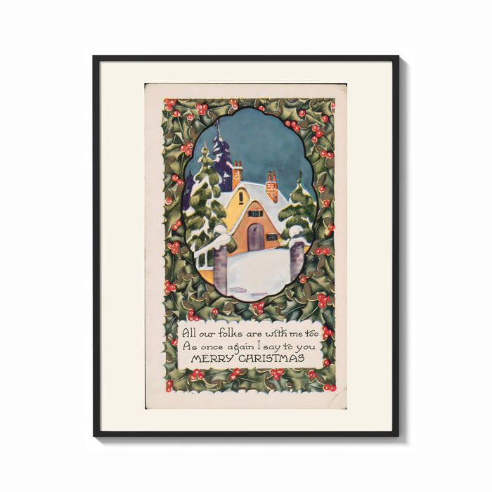 Framed Snow-covered cottage in winter print shown as a bold statement piece on a clean gallery wall